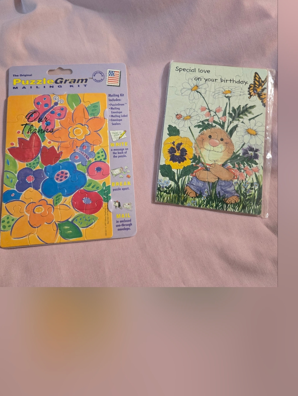 Colorful Floral Puzzle & Cute Bear Greeting Card Set - Yellow, Blue, Green